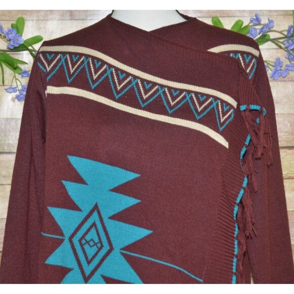Giddy Up Glamour Cardigan Womens S Aztec Southwestern Open Front Fringe Fall - Picture 7 of 13